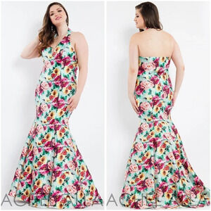 NWT Rachel Allan Curves Mint Blue Floral Halter Formal Gown $500